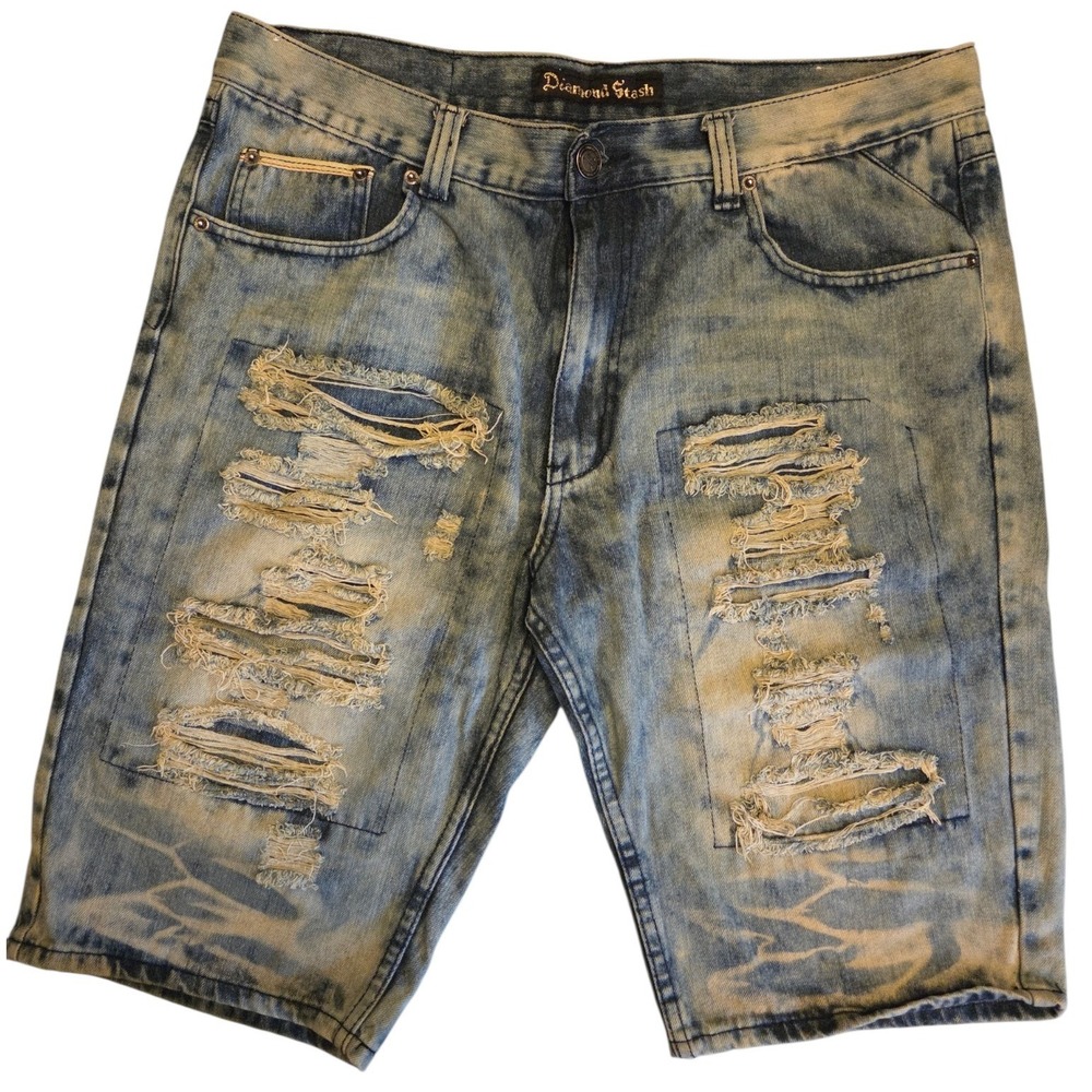 Diamond Stash Mens 36 Distressed Denim Shorts Blue Acid Wash Ripped Jorts Street